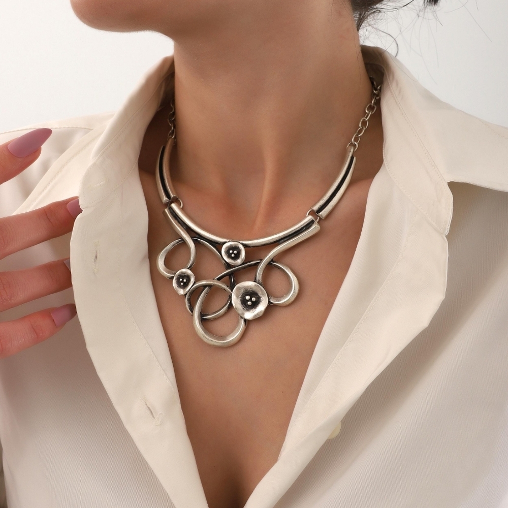 Genuine 925 Sterling Silver Statement Floral Necklace - Women Jewelry